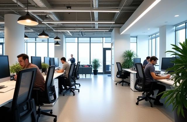 Moderne åpent kontorlandskap med ergonomiske møbler og grønne planter